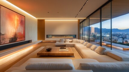 Modern living room with a panoramic view, minimalist design, and cozy seating.