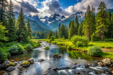 Lush greenery blankets the Ennis Creek landscape in Olympic National Park, where towering mountains rise majestically,