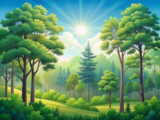 Lush green trees dominate this serene forest landscape, while a bright blue sky enhances the tranquil ambiance depicted