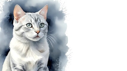 Fototapeta premium Silver Burmilla cat, captured in a serene watercolor portrait. Drawing. Art. Illustration. Copy Space. 1