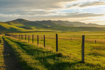 A long, narrow road runs through a grassy field. The road is surrounded by a fence and the grass is tall and green. The sky is cloudy and the sun is setting, casting a warm glow over the landscape