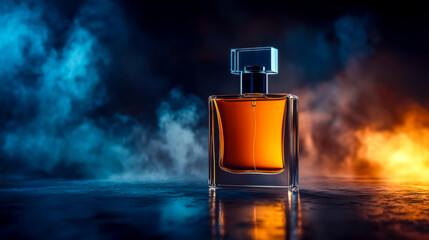 Elegant perfume bottle standing on reflective surface with smoke