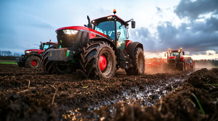 Farming tractors work in muddy fields under dramatic sky, showcasing agricultural machinery in action. scene captures essence of rural life and hard work