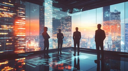 A team of business professionals collaborating and reviewing data analytics reports displayed on transparent holographic screens with a high rise office view of the city skyline in the background