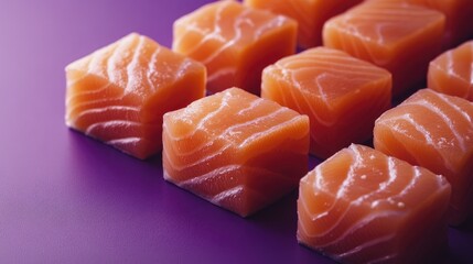 Close-up of salmon cubes arranged neatly on a purple surface, focusing on their fresh and raw quality
