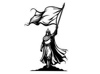 Abstract silhouette minimal illustration for an Arabian man raising a blank flag template colouring page design