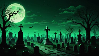 Horror scary cemetery at night with moon background