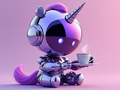 Cute purple unicorn 3d robot character drinking steamy cup of fresh brewed coffee