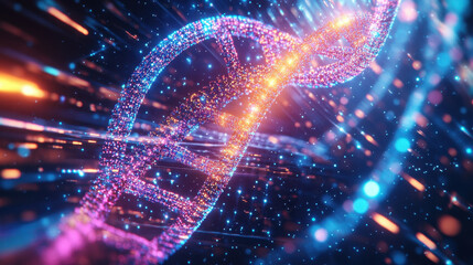 vibrant and dynamic representation of DNA double helix, showcasing colorful particles and light trails that symbolize genetic information and scientific discovery