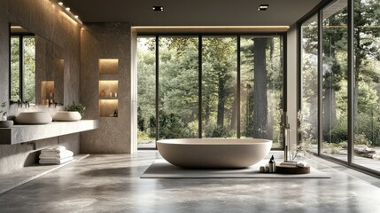 Fototapeta premium Contemporary bathroom design with a central bathtub, expansive windows, and raw stone finishes creating an airy, elegant feel.