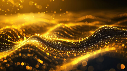 Golden waves of light shimmer and flow, creating mesmerizing visual effect that evokes sense of elegance and tranquility. sparkling particles enhance dynamic movement of scene