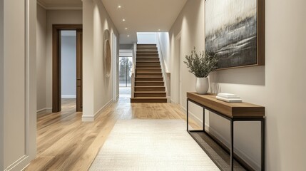 Contemporary entrance hallway with wooden finishes, a sleek console table, and a neutral color palette, exuding a warm, welcoming feel