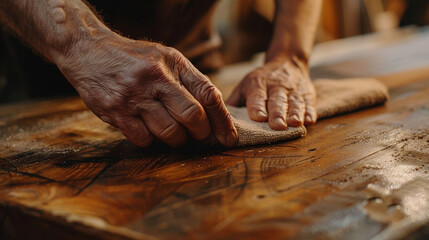 A close-up of a person&acirc;s hand polishing a wooden surface with a soft cloth, bringing out the shine.