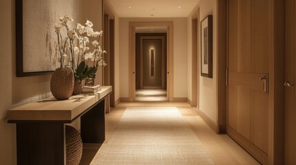 Contemporary entrance hallway with wooden finishes, a sleek console table, and a neutral color palette, exuding a warm, welcoming feel