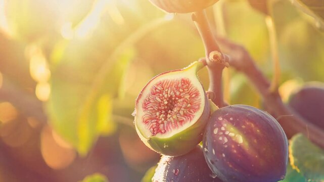 Ripe figs on tree branch with sunlit leaves in orchard setting