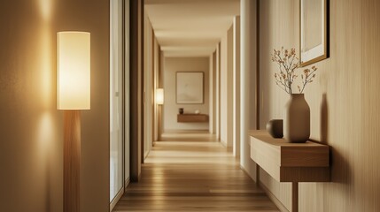 Cozy modern entrance hallway with light wood accents, a simple console table, and warm lighting for a welcoming and inviting look