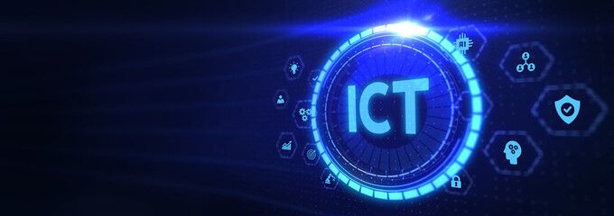 ICT Information communication technology internet concept on virtual screen. 3d illustration