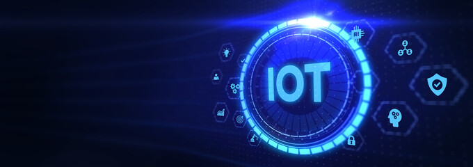Internet of things - IOT concept. Businessman offer IOT products and solutions. The future of technology. Virtual screen of the future with the inscription: IOT. 3d illustration