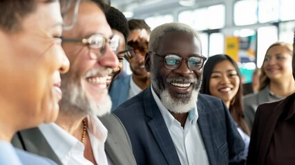 Diverse group of professionals smiling and socializing in a bright office environment