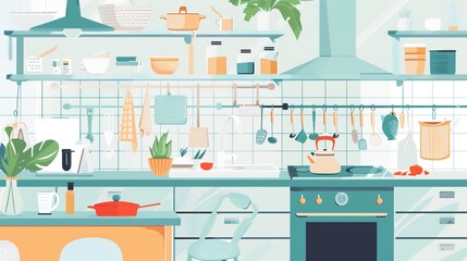 Modern kitchen with wooden shelves, plants, jars, and utensils. Bright
, organized, and cozy with natural light and stylish decor.