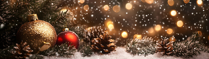 Festive Christmas scene featuring golden and red ornaments nestled among pine branches and cones, with soft snow and sparkling lights creating warm, joyful atmosphere