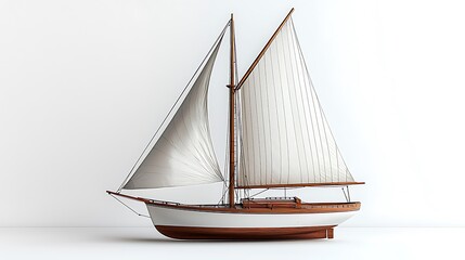 Obraz premium A wooden sailboat model, adorned with white sails, stands poised against a blank canvas of white.