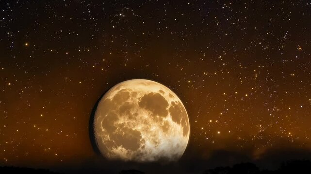 Golden full moon rising against a starry night sky