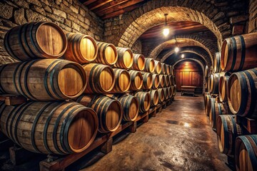 Old wine cellar filled with rustic barrels, surrounded by solid stone walls. The dim lighting evokes a cozy
