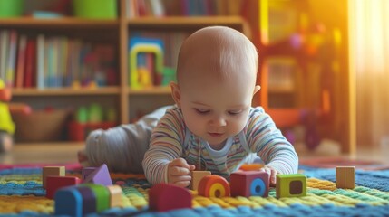 A baby playing with colorful wooden blocks on a soft mat