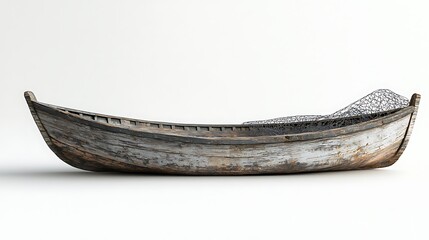 An old wooden rowboat, draped in a fishing net, sits isolated in pristine white space.