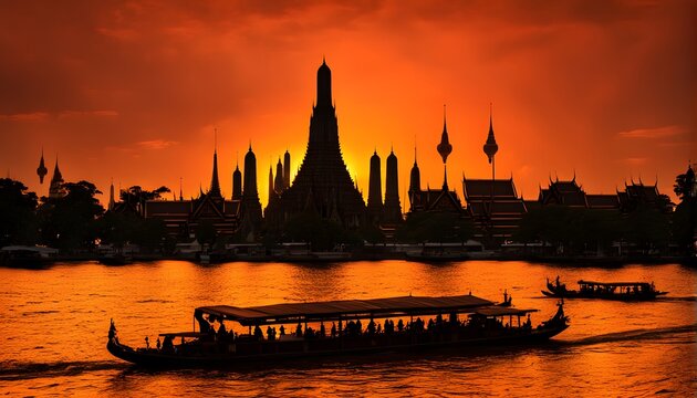 Silhouette of the Bangkok skyline with Wat Arun Temple glowing under a golden orange and red sunset, AI Generated