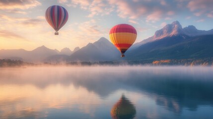 Obraz premium Hot air balloons floating over the calm waters of a serene lake with mountain peaks in the distance