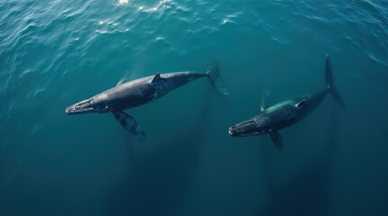 Fototapeta premium Stunning Aerial Drone Photo of Whales in the Ocean – Captivating Wildlife and Marine Mammal Photography