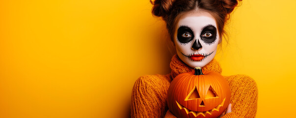 Celebrating Halloween or Day of the dead. Woman with Mexican-style face art poses with glowing pumpkin on orange background in studio. Woman with sugar skull with bright make-up and peony wreath.