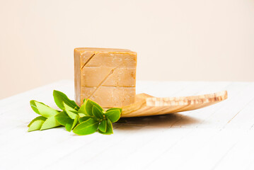 Handmade soap with herbal leaves