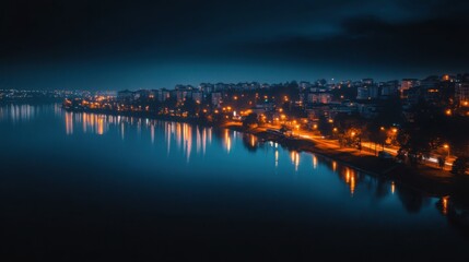 Fototapeta premium city at night, reflected in the glassy surface of a calm river