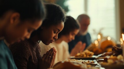 A front view of the family bowing their heads in prayer, giving thanks before the Thanksgiving meal.