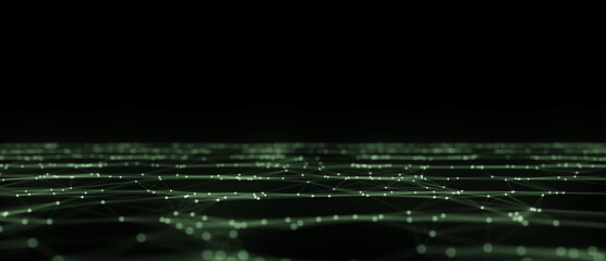 Dynamic green wave of particles and lines. Abstract futuristic background. Big data visualization. 3D rendering.