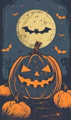 Halloween holiday background with spooky glowing Jack o'lantern pumpkins decoration.