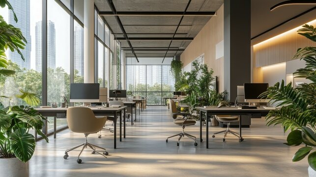 A modern open-plan office with sleek desks, ergonomic chairs, and large windows letting in plenty of natural light. Green indoor plants and minimalistic d&eacute;cor create a calm and productive atmosphere 