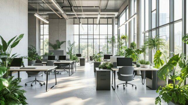 A modern open-plan office with sleek desks, ergonomic chairs, and large windows letting in plenty of natural light. Green indoor plants and minimalistic d&eacute;cor create a calm and productive atmosphere 
