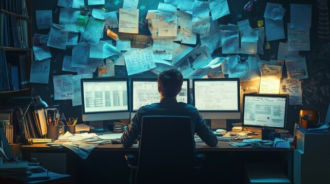 A stressed office worker surrounded by piles of paperwork and multiple computer screens