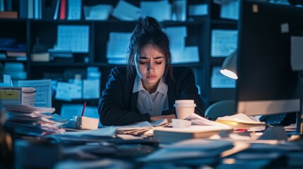 A stressed office worker surrounded by piles of paperwork and multiple computer screens