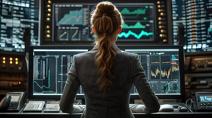 With multiple monitors displaying charts, a businesswoman delves into complex data analysis.