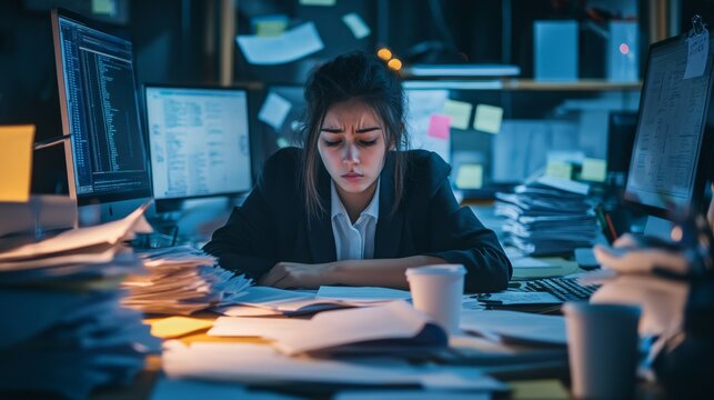 A stressed office worker surrounded by piles of paperwork and multiple computer screens