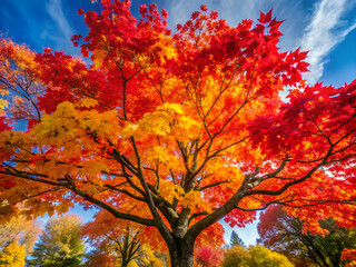 Autumn maple tree with vibrant red and orange leaves against a clear sky 맑은 하늘을 배경으로 선명한 빨강과 주황빛 단풍이 물든 가을 단풍나무