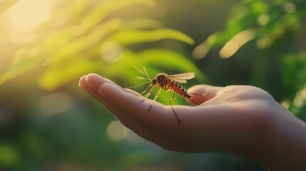 Obraz premium Aedes mosquito resting on a human hand under soft twilight