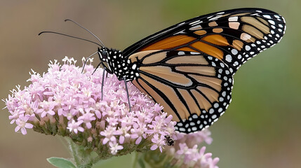 Fototapeta premium vibrant butterfly rests delicately on cluster of pink flowers, showcasing its intricate patterns and colors. scene captures beauty of nature and delicate balance of ecosystems