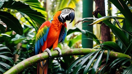 Obraz premium Vibrant Macaw in a Tropical Forest beautifully captures the essence of tropical wildlife, featuring a colorful macaw perched on a lush green tree branch, surrounded by the vibrant foliage of a forest