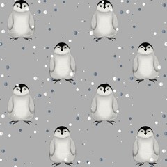 Festive penguins celebrating New Year's Eve in a winter pattern on a soft grey background